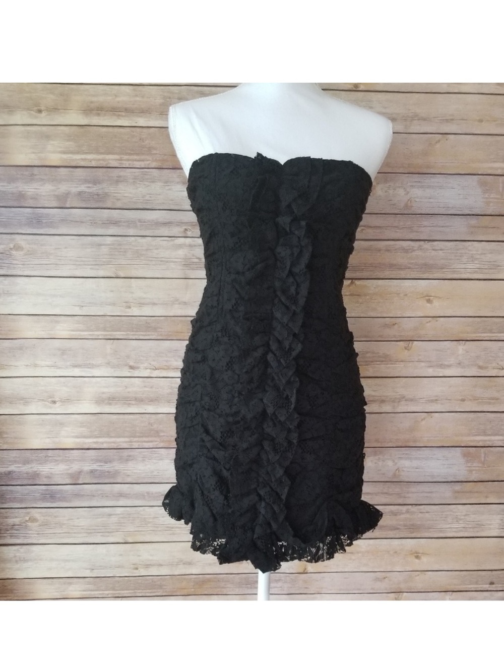Y2K BB Dakota Black Strapless Lace Ruffle Mini Dress Size 4 Grunge Whimsical